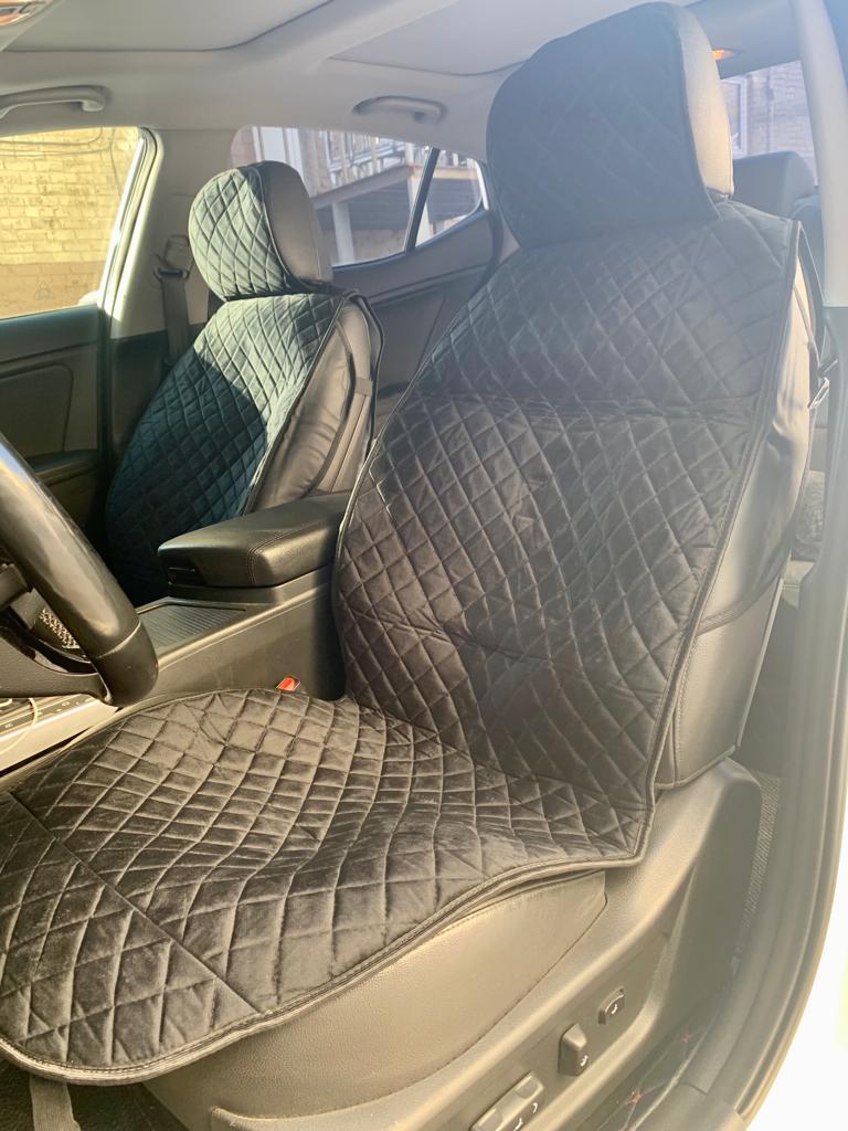 Накидка на сидение, Велюр/Экокожа, Узорный Ромб, широкая с подголовником, закрытые бока и спинка с карманами, 2 шт. (пара)